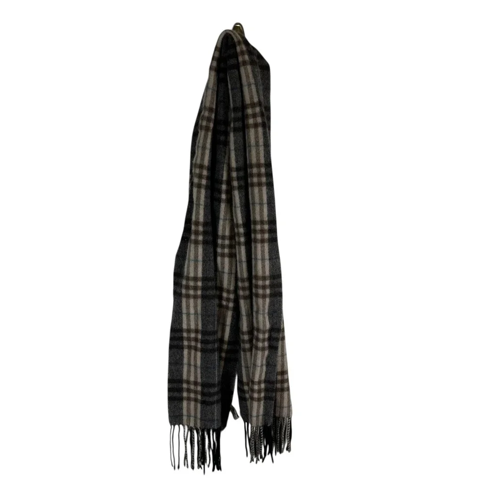 Enzo Mantovani Wool Cashmere Blend Plaid Scarf Grey Tan Black Fringe‎ RN 106630